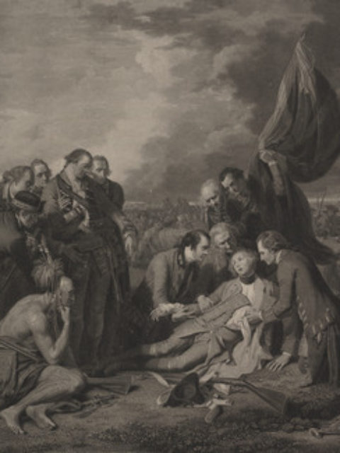 Engraving by Wm. Woollett, 1776, after B. West depicting The death of General Wolfe. Gen James Wolfe, lies mortally wounded on a field, surrounded by soldiers and a Native, during the siege of Quebec in 1759.